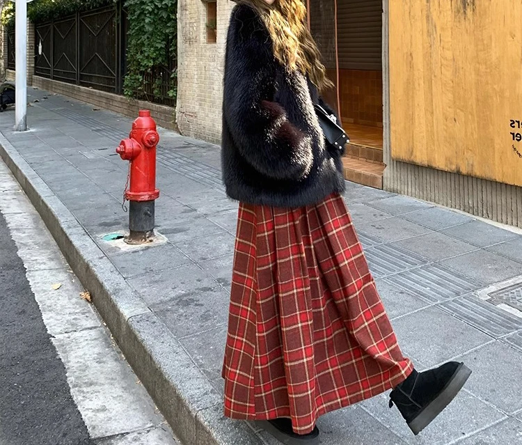Autumn Winter Maternity Long Loose Plaid Maxi Skirt High Waist Pregnant Woman Woolen Pleated Skirt Large Hem Umbrella 95cm