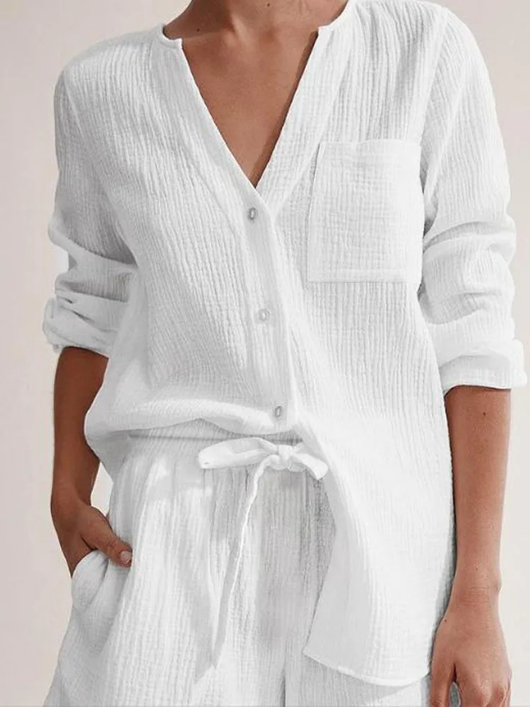 Women Loungewear Sets V Neck Loose Blouse Shirt High Elastic Drawstring Shorts