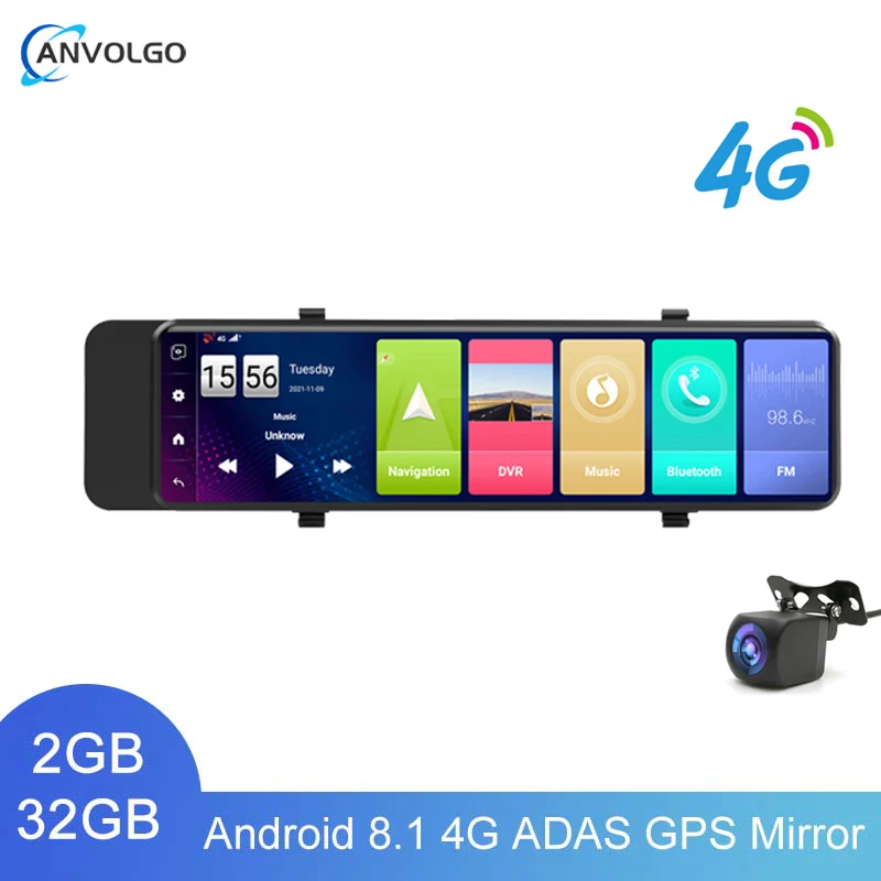 4g 10.88" Car Rearview Mirror Dvr Dual Camera Dash Cam Android 8.1 Gps