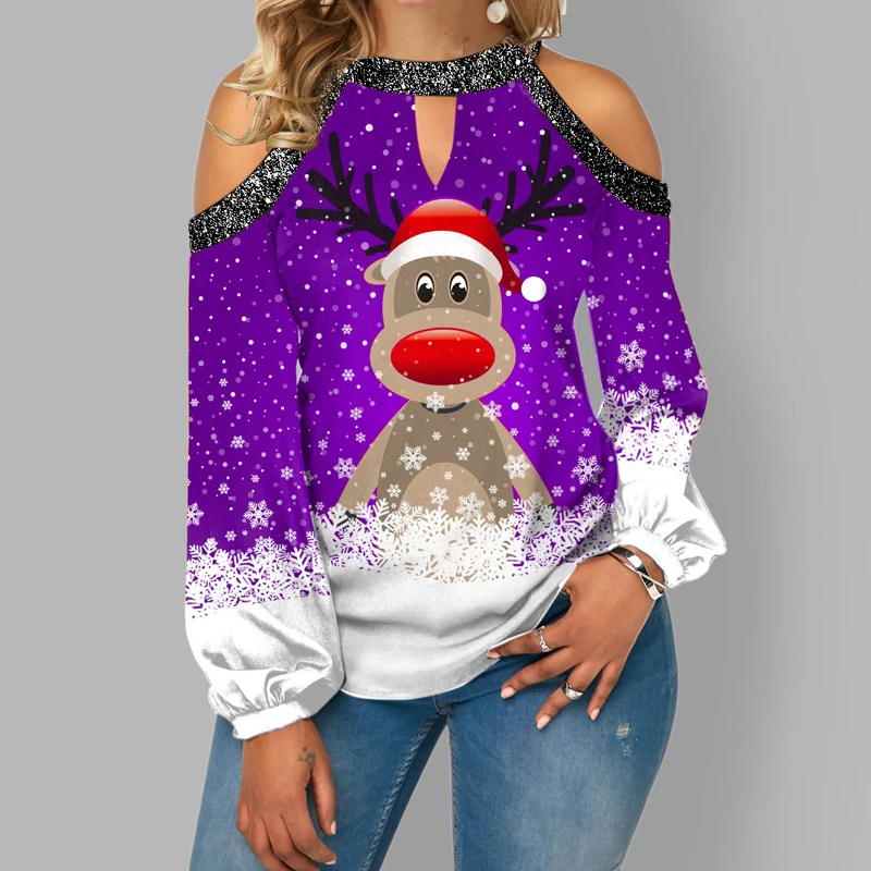 

Fashion Woman Tshirts Harajuku Tops Graphic Tee Christmas Elk Print Off-shoulder Lantern Sleeve Shirts Top Autumn 2023