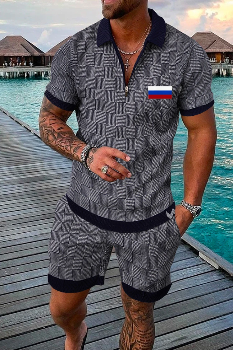 2022 Russian Flag Polo Sets Men's Tracksuit Solid Color 3D Print Polo Shirts Zipper Short Sleeve+Shorts Set for Men Casual Suit