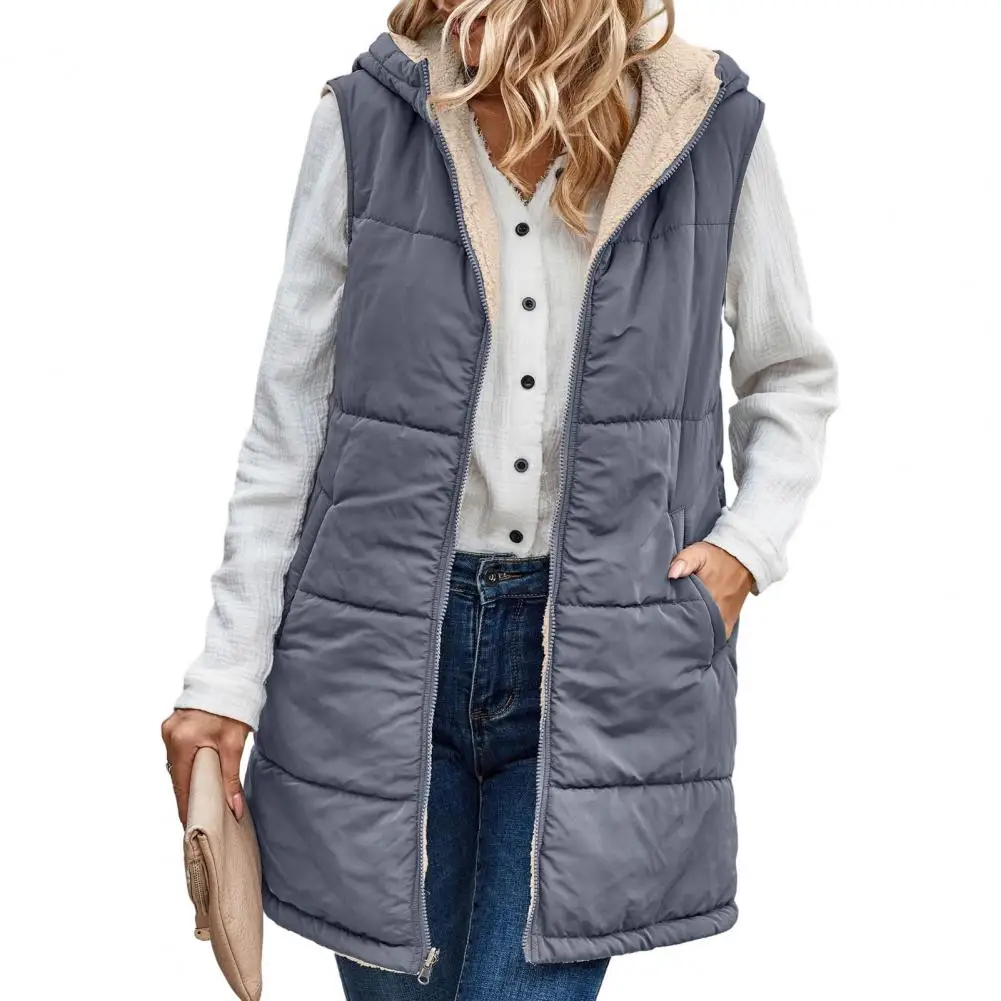 

Women Hooded Vest Coats Sleeveless Fleece Lining Jackets Solid Color Waistcoat Long Warm Outerwear Female chaquetas para mujeres