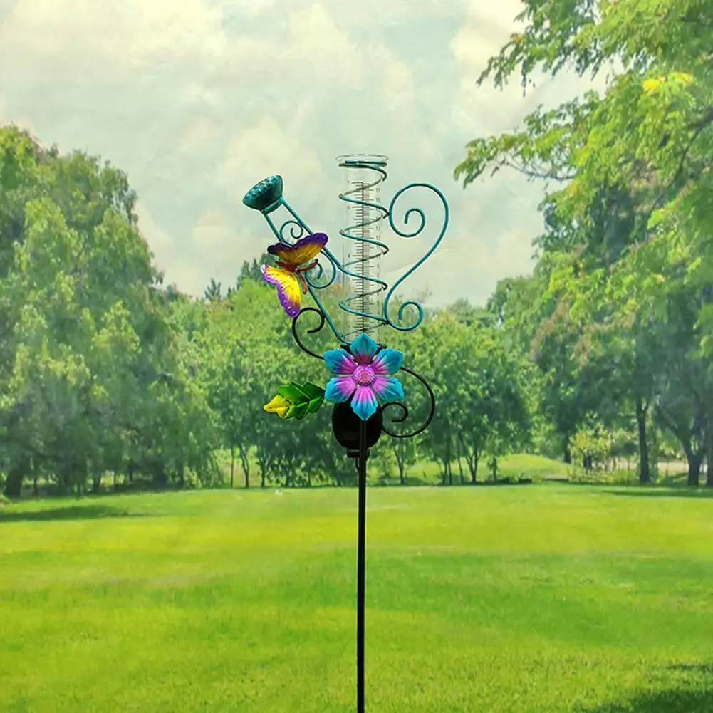 Butterflies Decor Metal Garden Stake All-weather Sloar Powered LED Measuring Tube Long Lasting Rain Gauge for Outdoor