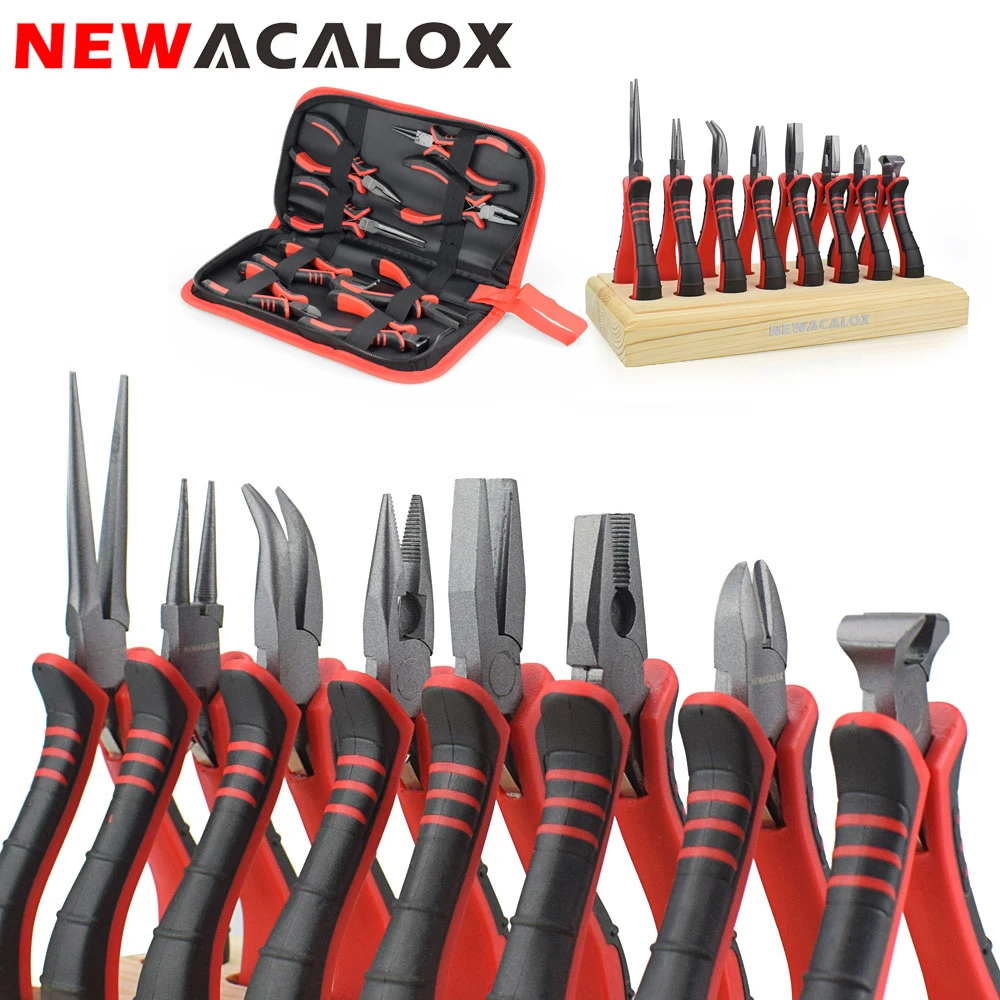 NEWACALOX 8Pcs Mini Pliers Set Jewelry Making Beading Wire 4.5 Inch Wire Cutter Pliers Manual Diagonal Pliers DIY Plier Set