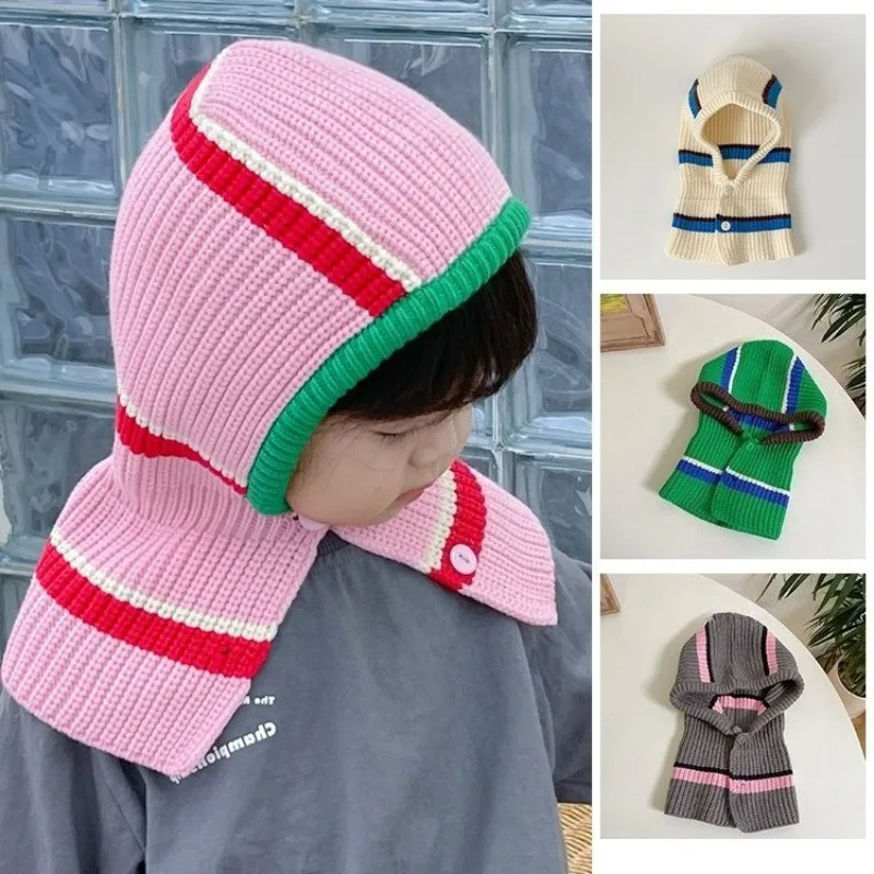 Winter Children's Knitted Hats Kids Striped Warm One-piece Scarf Wool Hat Kids Warm Ear Protection Hat Baby Winter Caps