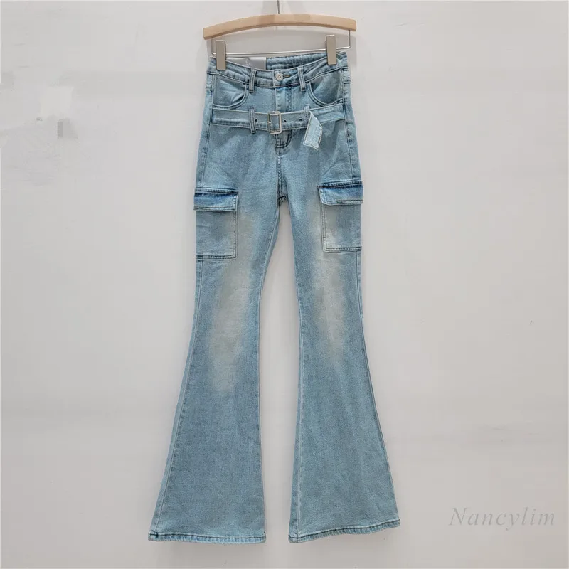 

2024 Retro Side Workwear with Pocket Slightly Flared Jeans Women's Belt Hip Stretch Hip Lift Trousers Mop Pants Long Jeans Lady