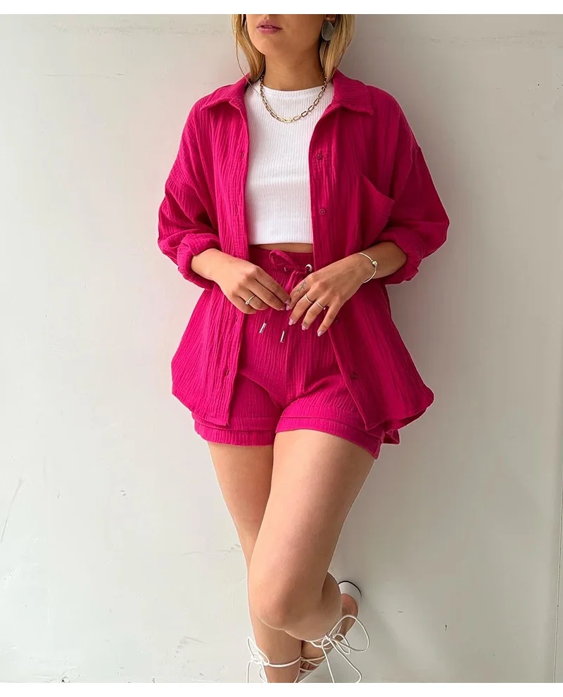 Sommer Kurze Sets Frauen 2 Stück Outfits Rosy Rot Übergroßen Shirt Mit Shorts Set Für Frau Baumwolle Zwei Stück Set für Frauen Shorts