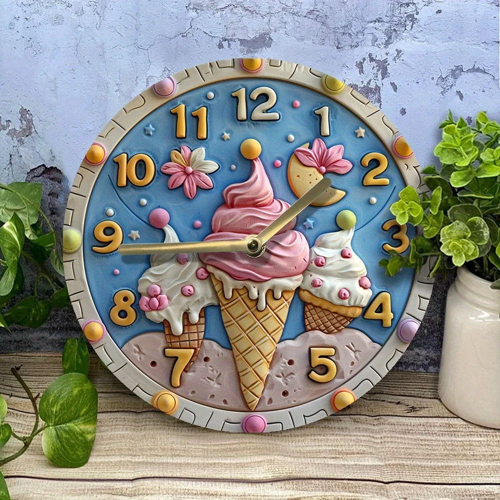Wooden Wall Clock with Ice - Cream Pattern, Ideal for Home Decor, Uses AA Batteries 5
