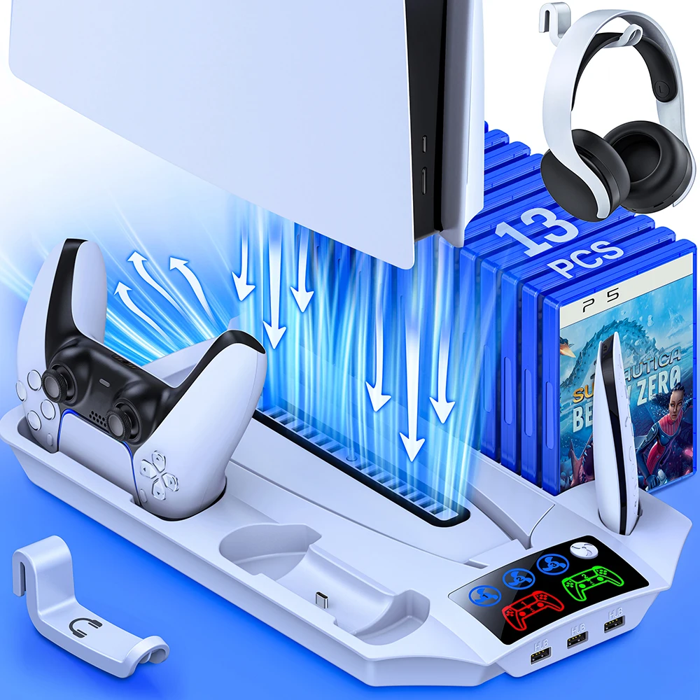 Enhanced LED Cooling Fan Stand with Dual Controller Charging Dock and Game Storage