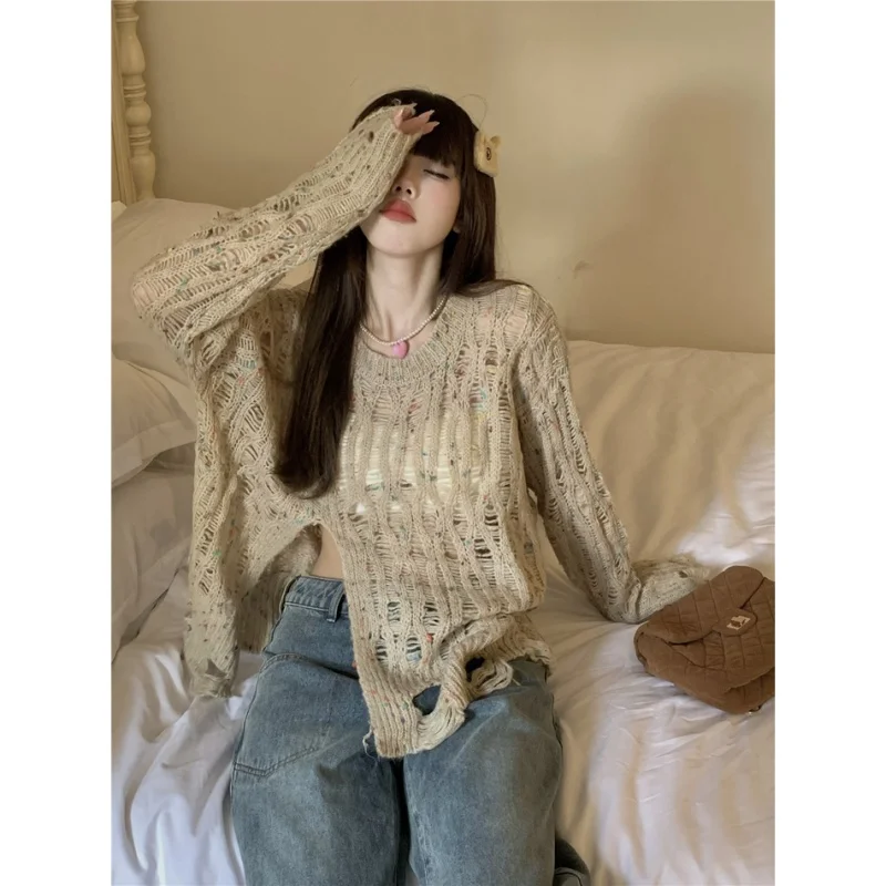 

Slightly sweet and pure desire lazy wind hollow slit thin wool sweater women's design loose top