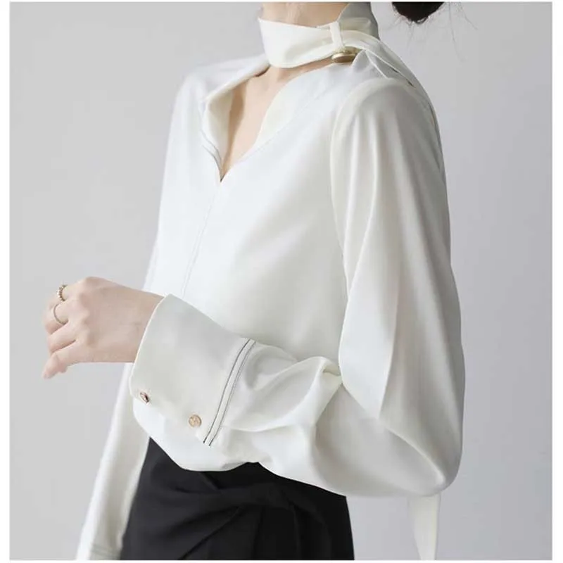 Elegant V-Neck Solid Color Lace Up Asymmetrical Blouses Women's Clothing 2024 Spring New Loose All-match Tops Office Lady Shirts