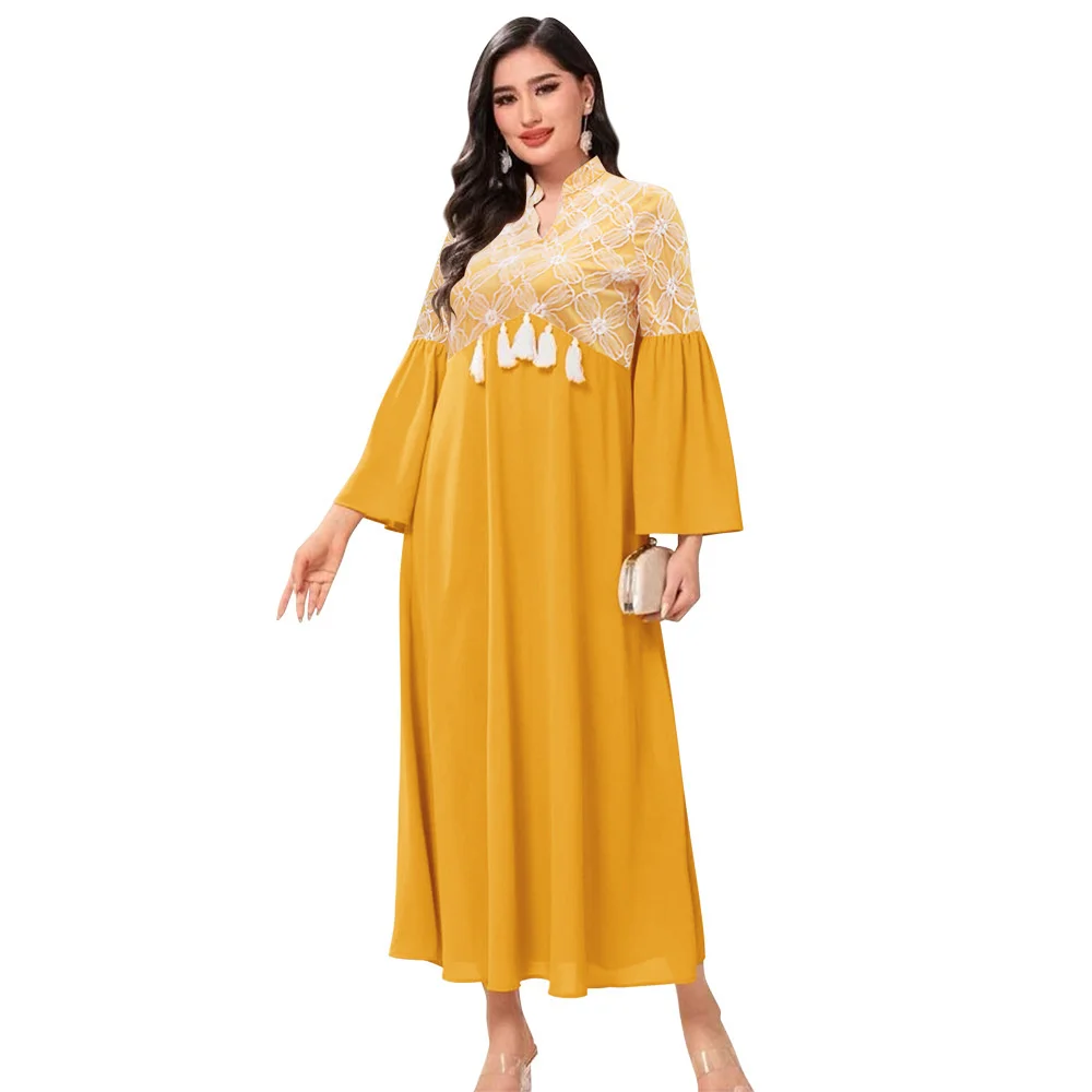 Abaya For Women Saudi Arab Middle East Flower Mesh V-Neck Casual Loose Dubai Summer New Dress Robe Kaftan Women Clothing