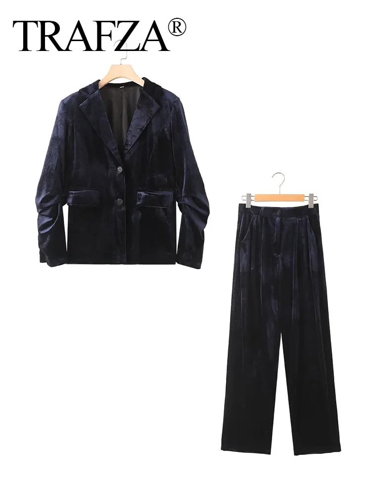 

TRAFZA Office Suit Pants Women's Loose Side Pocket Pants Suit Retro Pleated Long Sleeve V-Neck Women's Office Suit Jacket Suit