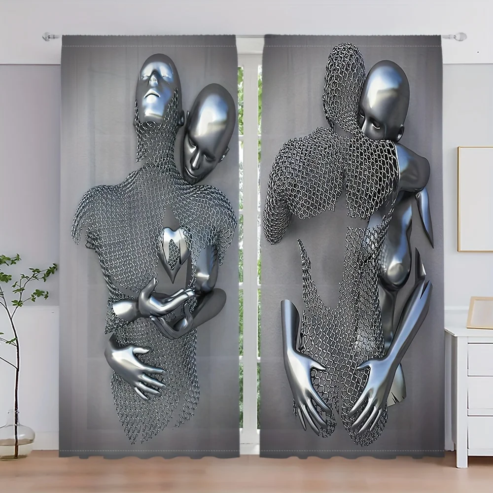 

2pc Valentine's Day Metal Modern Sculpture Curtain Rod Pocket Digitally Printed Curtains Polyester Material Living Room Game