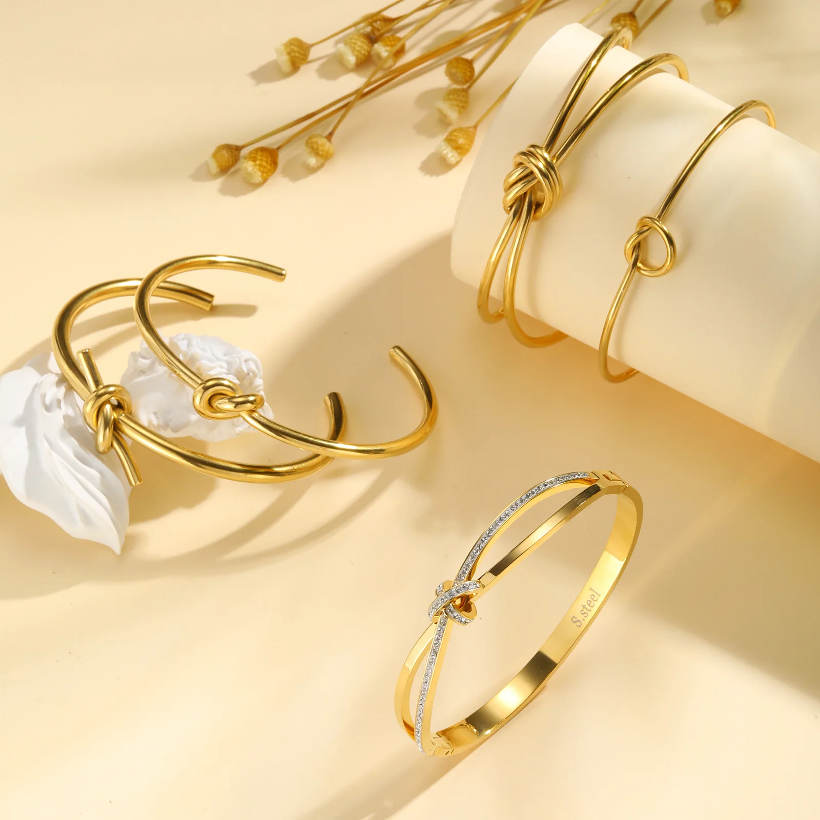 Women Open Cuff Bangle,  Tie The Knot Bangle Bracelet, Gold Plated Forever Love Knot Infinity Stainless Steel Jewelry 2