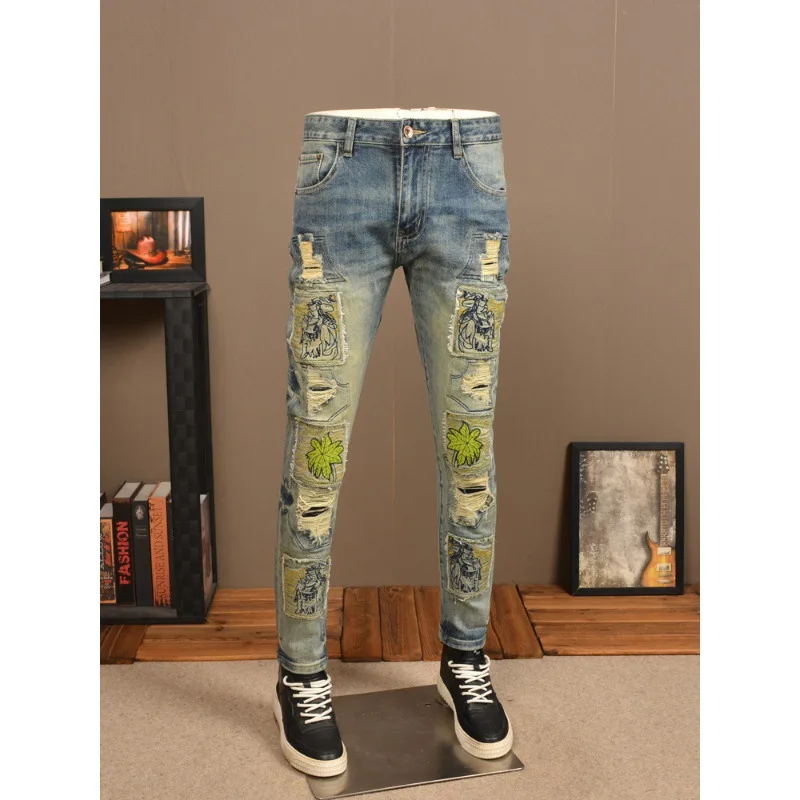Vintage Vintage Ripped Men'S Jeans Hipster Stretch Straight Fit High-End Embroidered Scratch Patch Casual Denim Pants