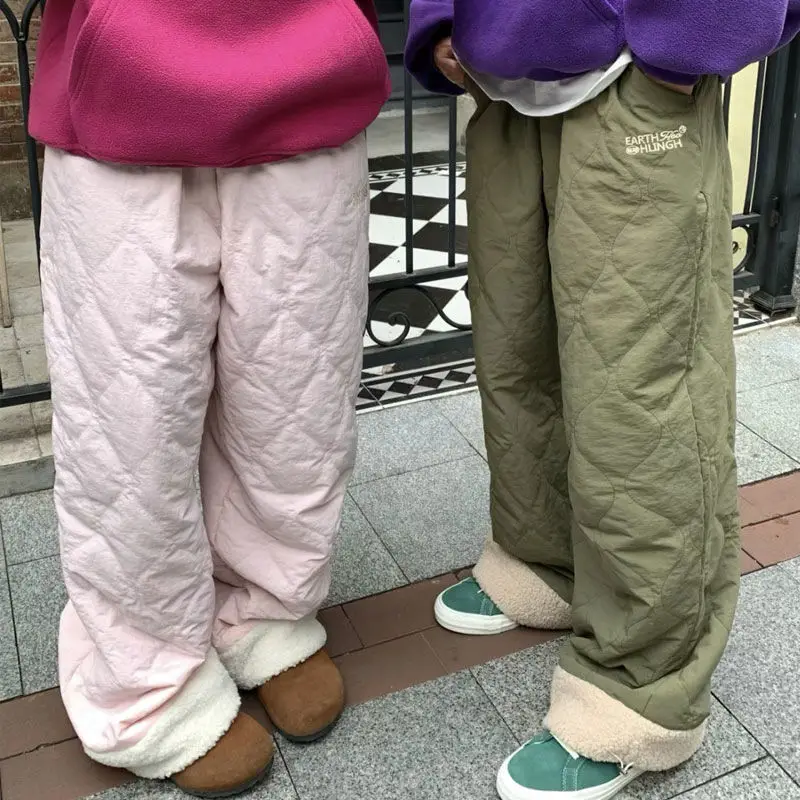 

Vintage Quilted Cotton Pants Women Autumn Winter Thickened Diamond Checkered Wide Leg Pants Female Trendy Korean Casual Trousers