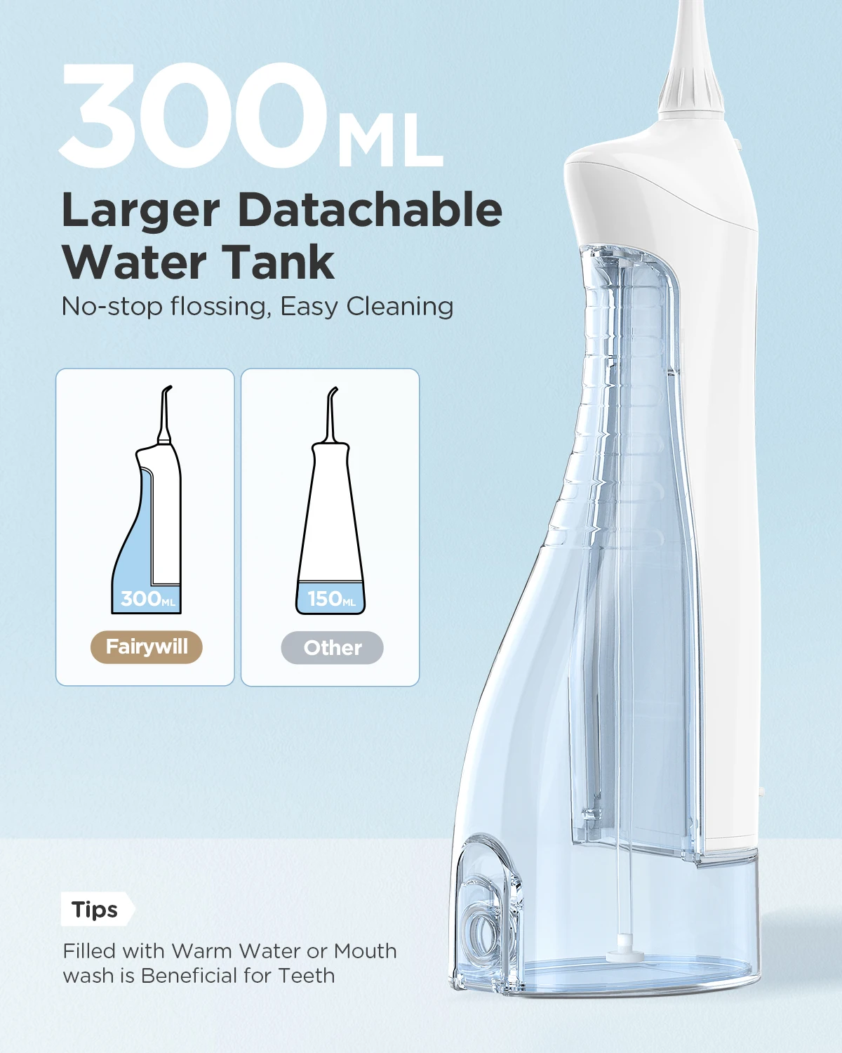 Fairywill Elektrische tragbare Zahnwasserflosser Munddusche USB wiederaufladbar wasserdicht 3 Modi Jet Zahnstocher 7 Tipps Reiniger – Detail 12