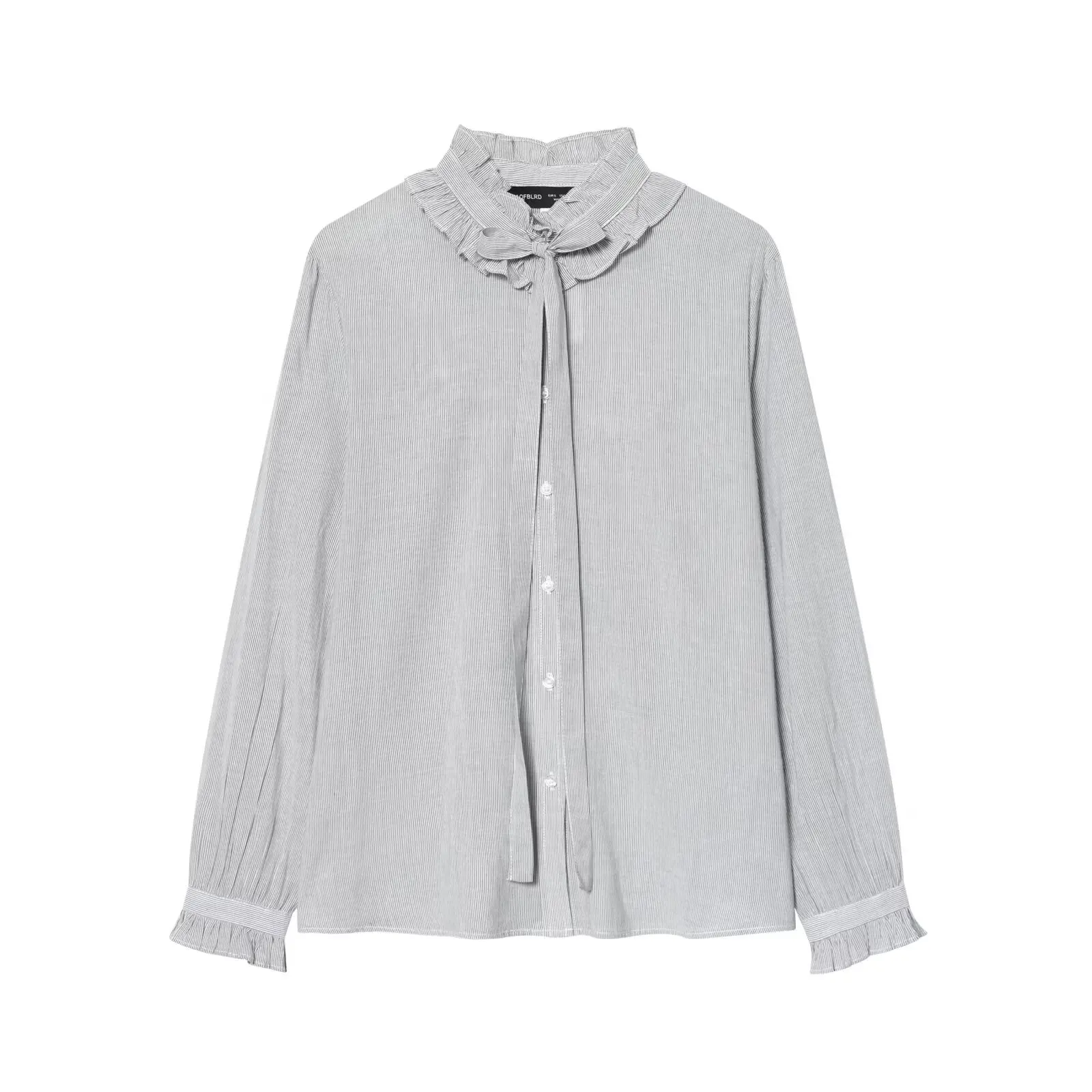 HH Frau Elegante Rüschen Dekoration Lange Ärmel Lose Hemd Weibliche Pendeln Spitze-up Streifen einreiher Herbst Frühling Tops – Detail 5