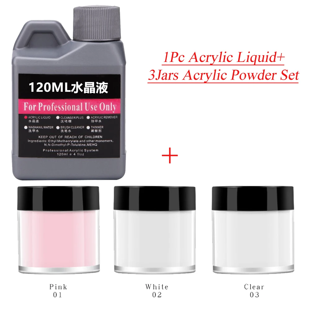 

4Pcs/Set Dipping Acrylic Powder Clear/White/Pink Dust+120Ml Acrylic Liquid For UV Nail Polymer Builder Carving Decoration Powder