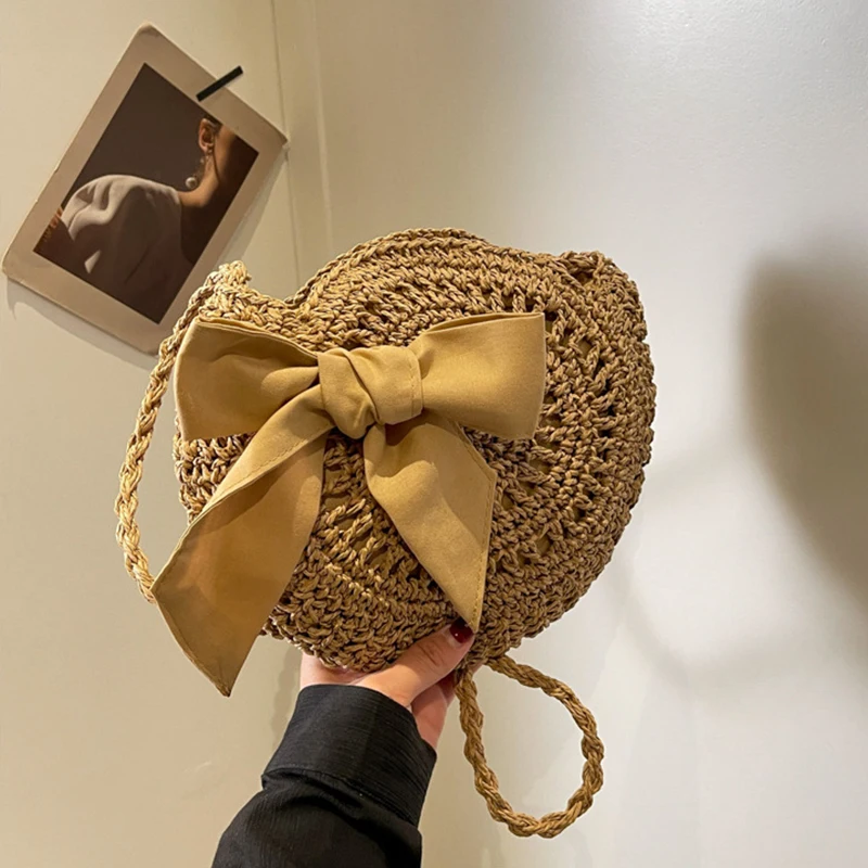 Summer Small Straw Shoulder Crossbody Bags Handmade Beach Handbags Bowknot Woven Tote Round Crossbody Purse Clutch