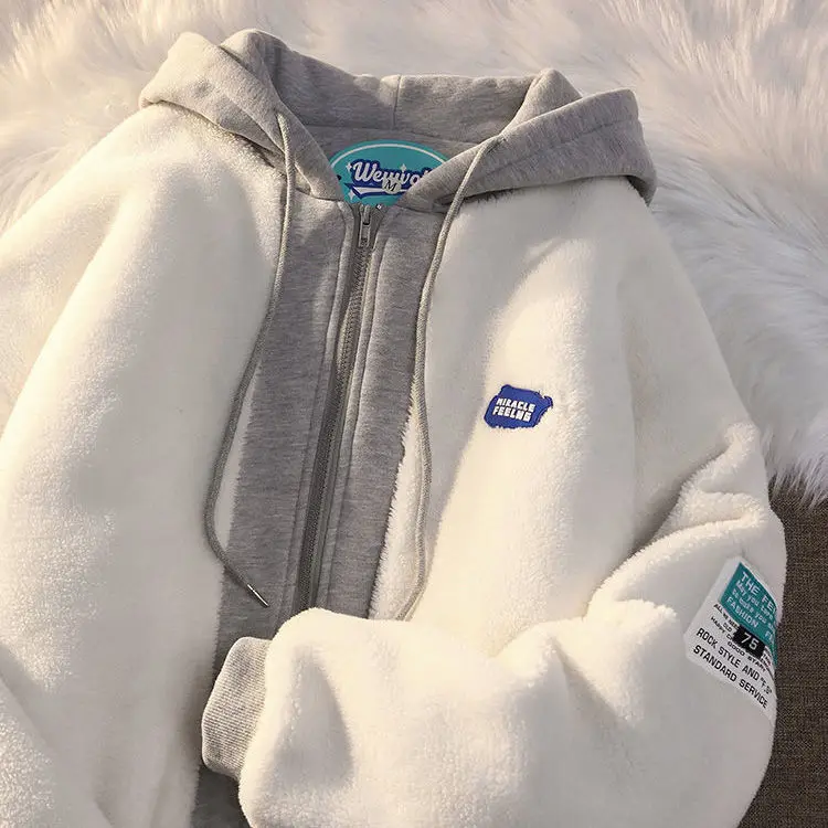 Hip-hop winter lamb wool hooded sweater women's padded jacket couple sweater top fashion fake two-piece velvet thick coat