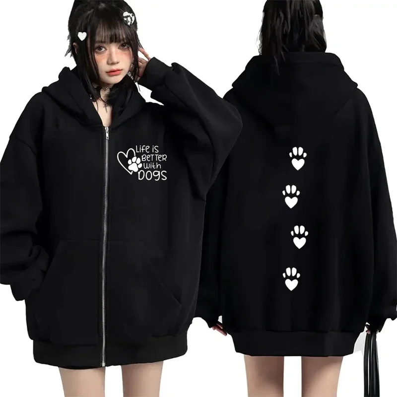2025, Damen-Hoodie „New Life Is Better with Dogs“, mit Buchstaben, Reißverschluss, Herbst und Winter, lässig, Outdoor-Sport, Jacke, Mantel, Fleece-Sweatshirts