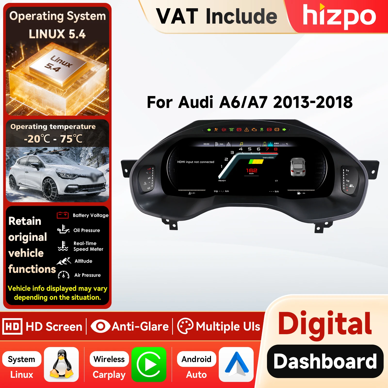 Hizpo - Panel de Instrumentos Digital para Automóvil con Pantalla LCD de 12.3 Pulgadas, Linux 5.4, para Audi A6 A7 2013-2018, Velocímetro, Panel de Instrumentos, Carplay, Pantalla de Instrumentos, Velocímetro, Medidor de Velocidad, Cabina Virtual, Llamadas, GPS, HDMI 1