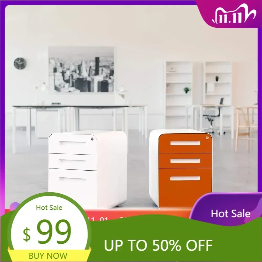 secure 3-drawer metal file cabinet for office, legal/letter size, mobile with stationary option