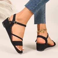 Sandales compensées sexy et confortables à bout carré pour l'été, antidérapantes, à la mode, à bout ouvert, avec boucle, grandes tailles, décontractées pour femmes 6