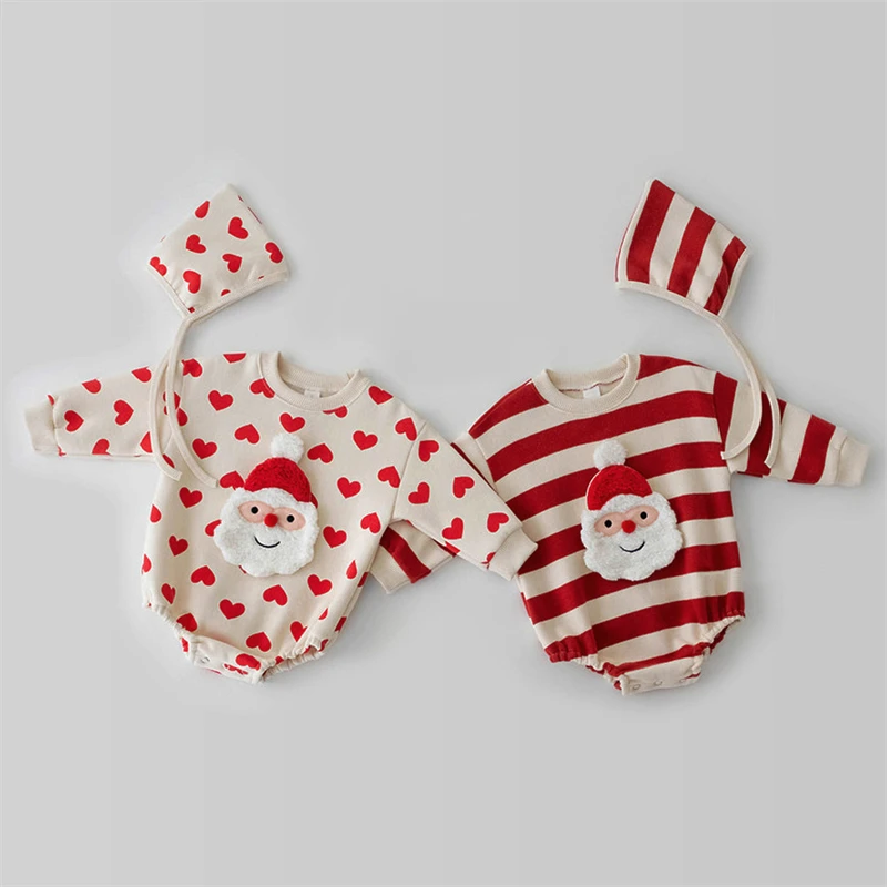 Christmas Baby Sweater Santa Clause Long Sleeve Romper Hat Heart Red White Striped Kids Children Sweatshirt Pants Clothing Sets