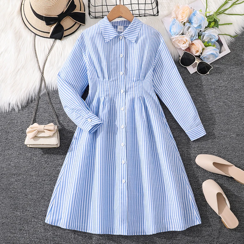 فستان الربيع والخريف للفتيات بعمر 8-12 سنة، ياقة قميص مخططة باللونين الأزرق والأبيض، فستان طويل أنيق يشبه اليومي