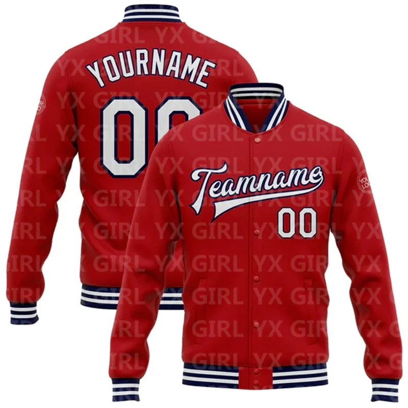 Custom Red White Bomber Full-Snap Varsity Letterman Jacket 3D Printed Baseball Button Jacket