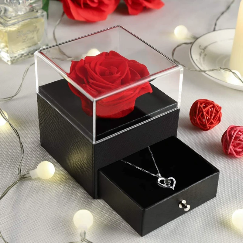 Caja de Rosa eterna con flor roja para de Valentín, almacenamiento de collar y pendientes, regalo de cumpleaños de boda para niñas|Cajas y recipientes almacenamiento| - AliExpress