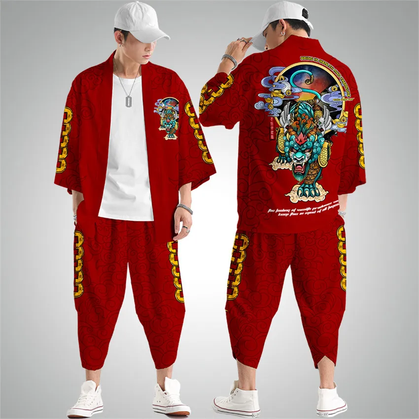 Japanese Kimono Cardigan Pants Set Print Dragon Men Women Shirt Yukata Haori Obi Cosplay Costume 5XL 6XL
