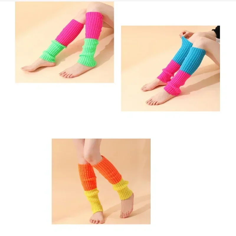 3Pairs Women Juniors Neon Ribbed Leg Warmers for 80s Eighty's Party Sports Yoga Footless Socks Punk Knee High Gothic Hip-hop 5