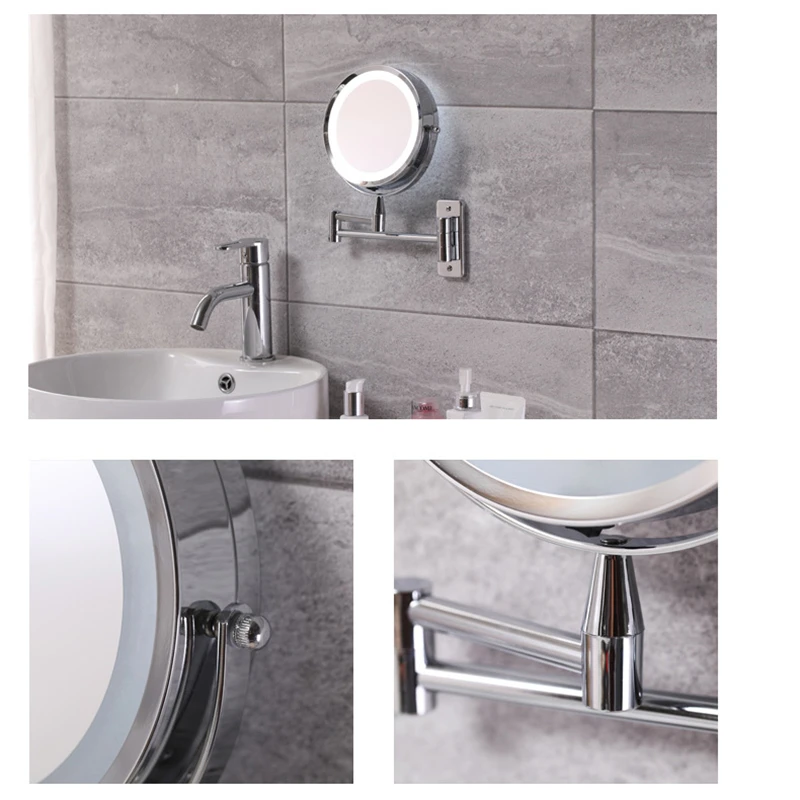 Wall Mounted Folding Arm Extend Bathroom Mirror LED Light 10X Magnification Double Side Touch Dimming Makeup Mirrors