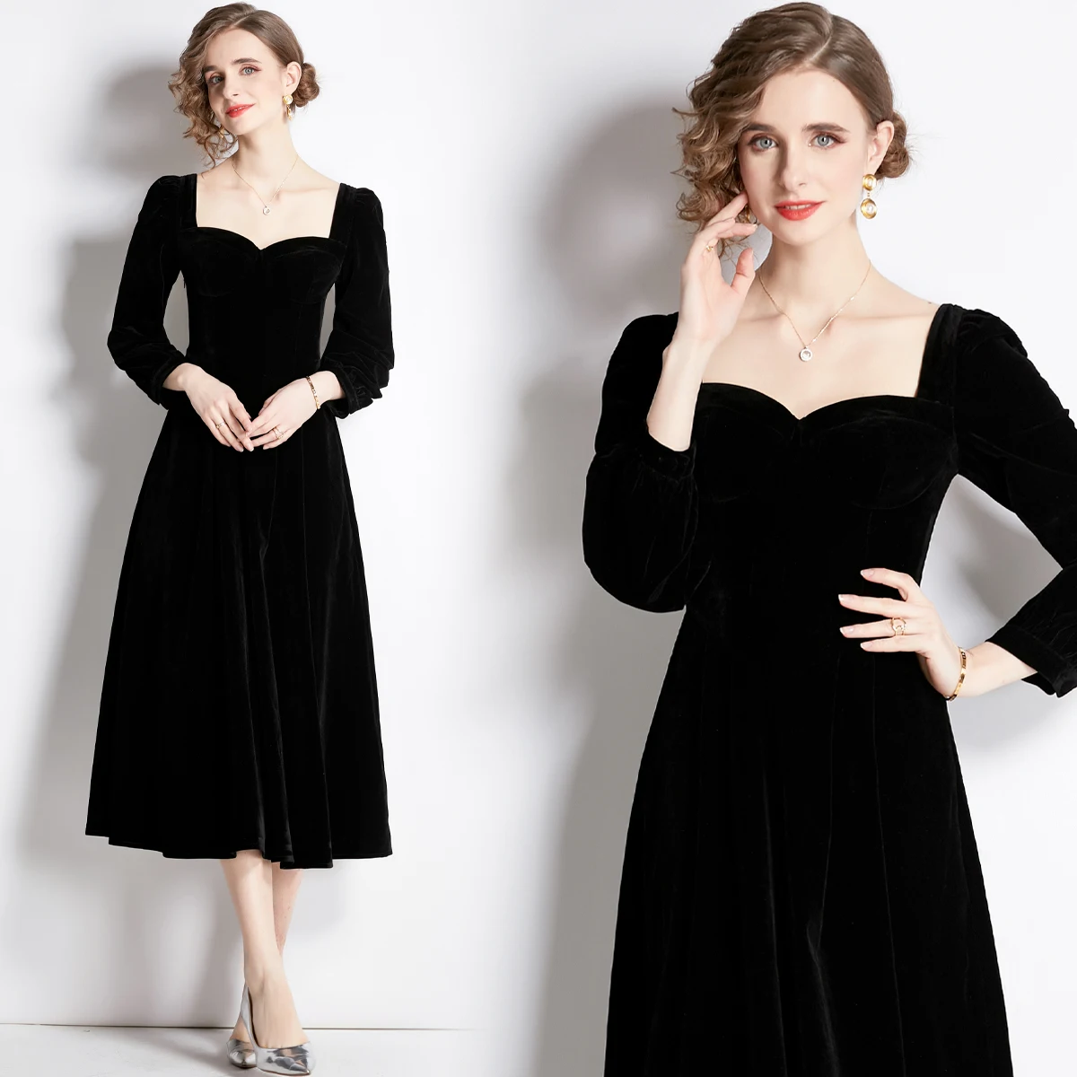 

ZUO MAN RU Fall/Winter 2022 Square Neck Black Velvet Long Sleeve Dress French Retro Hepburn Style Simple Waist Slim Skirt