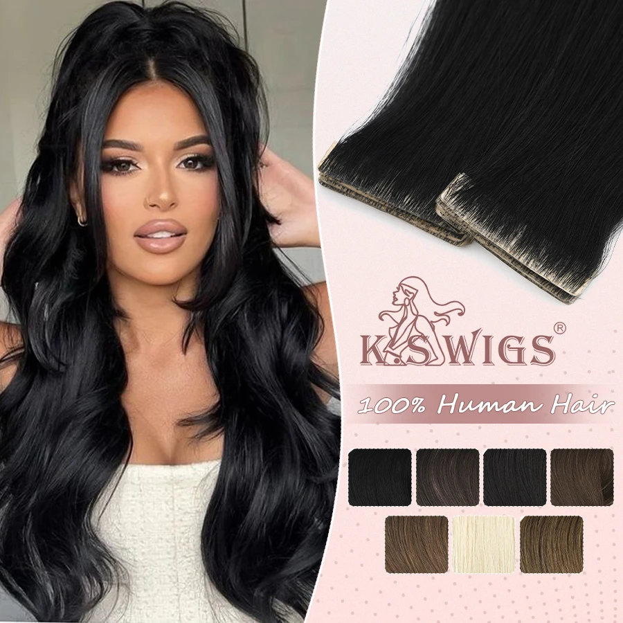 K.S WIGS 12&ldquo;-24&rdquo; Tape In Hair Extensions Natural Tape Ins for Women Human Hair Extensions Straight Seamless Skin Weft 10P/20P