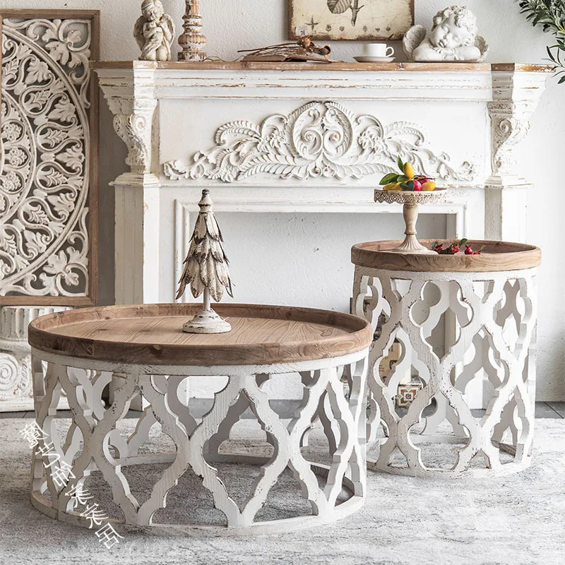 

French Style Solid Wood Small Apartment Coffee Tables for Bedroom Furniture Endtable Retro Homestay Living Room Round Side Table