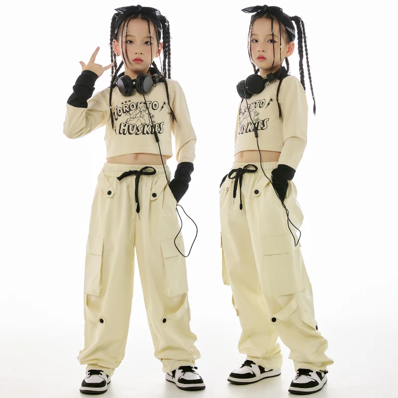 

K-pop Kids Hip Hop Clothing Girls Apricot Top Pants Jazz Dance Costume Long Sleeves Performance Suit Rave Outfit Winter BL11889
