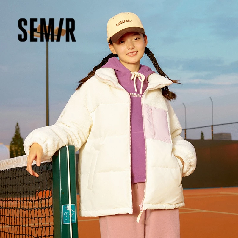 

Semir Down Jacket Women Mid-Length Spliced Imitation Lamb Wool Loose 2023 Winter New Contrasted Color Stand-Up Collar Top