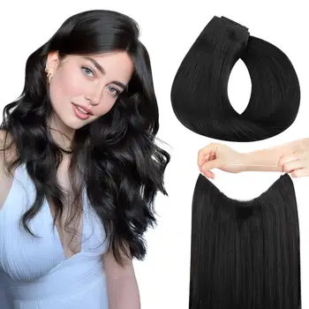 Straight Wire Hair Extensions 26 inch #1B Natural Black Fish Line Real Human Hair Straight Invisible 100% Remy Hair Extensions