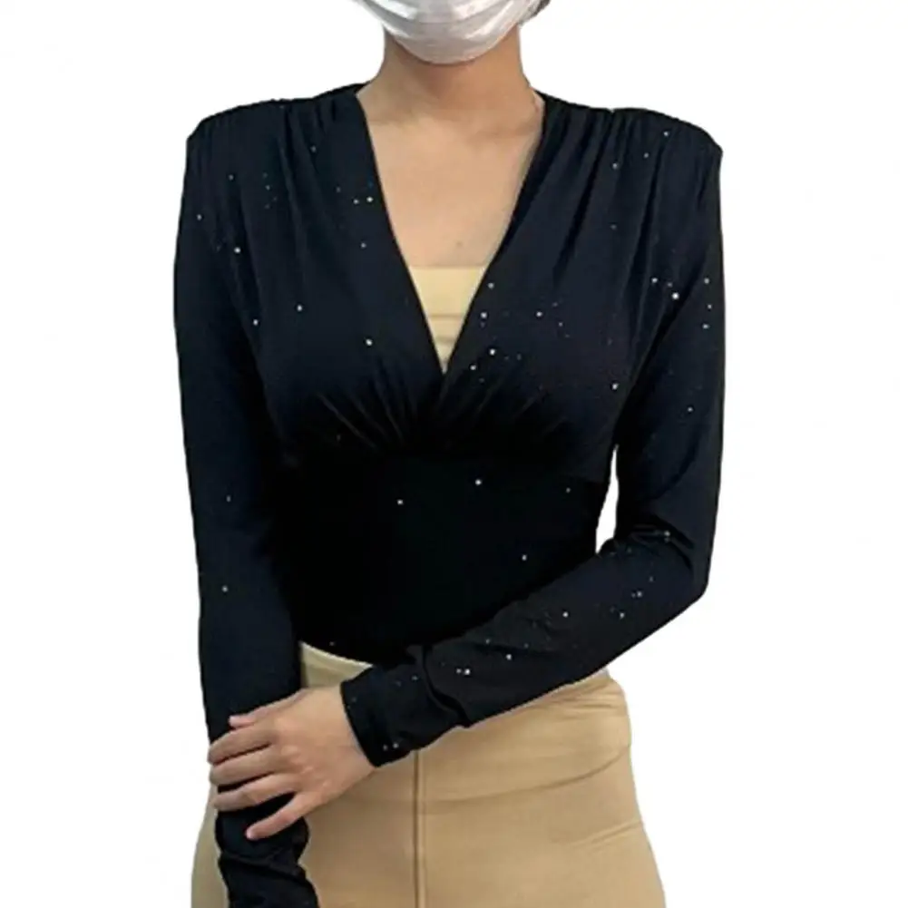 

Women Spring Top Deep V Neck Solid Color Soft Slim Fit Pleated Shoulder Long Sleeve Tight Waist Elastic OL Commute Shirt