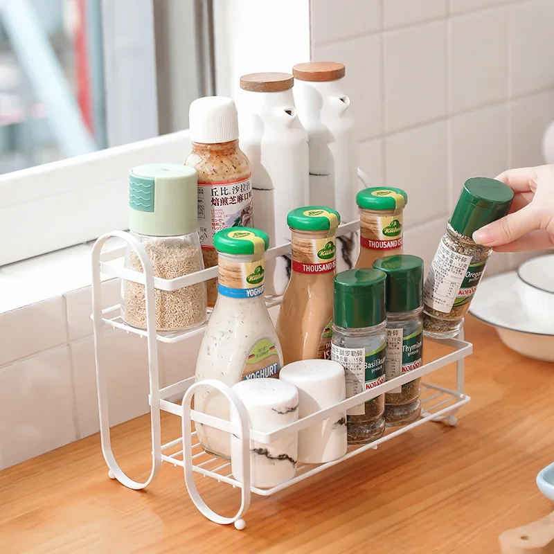 

2 Tier Spice Rack Kitchen Spice Organization Holder Multifunction Shelf for Seasoning Sauce Bottle Salt Bag Collection