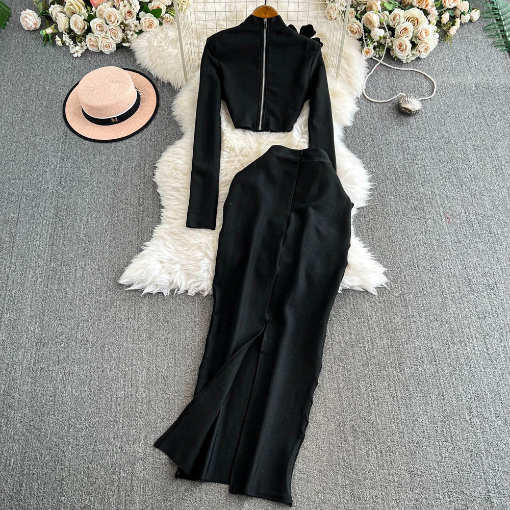 TWOTWINSTYLE Solid Spliced Diamonds Two Piece Set For Women O Neck Long Sleeve Top High Waist Slim Skirt Sets Female KSE517939 2