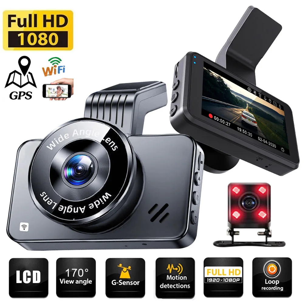 

Видеорегистратор автомобильный 1080P Full HD с камерой заднего вида, GPS, Wi-Fi