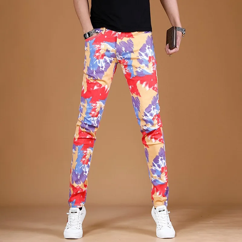 

Summer Jeans Men Fashion Colourful Print Pants Streetwear Casual Straight Slim Fit Denim Trousers CP1628