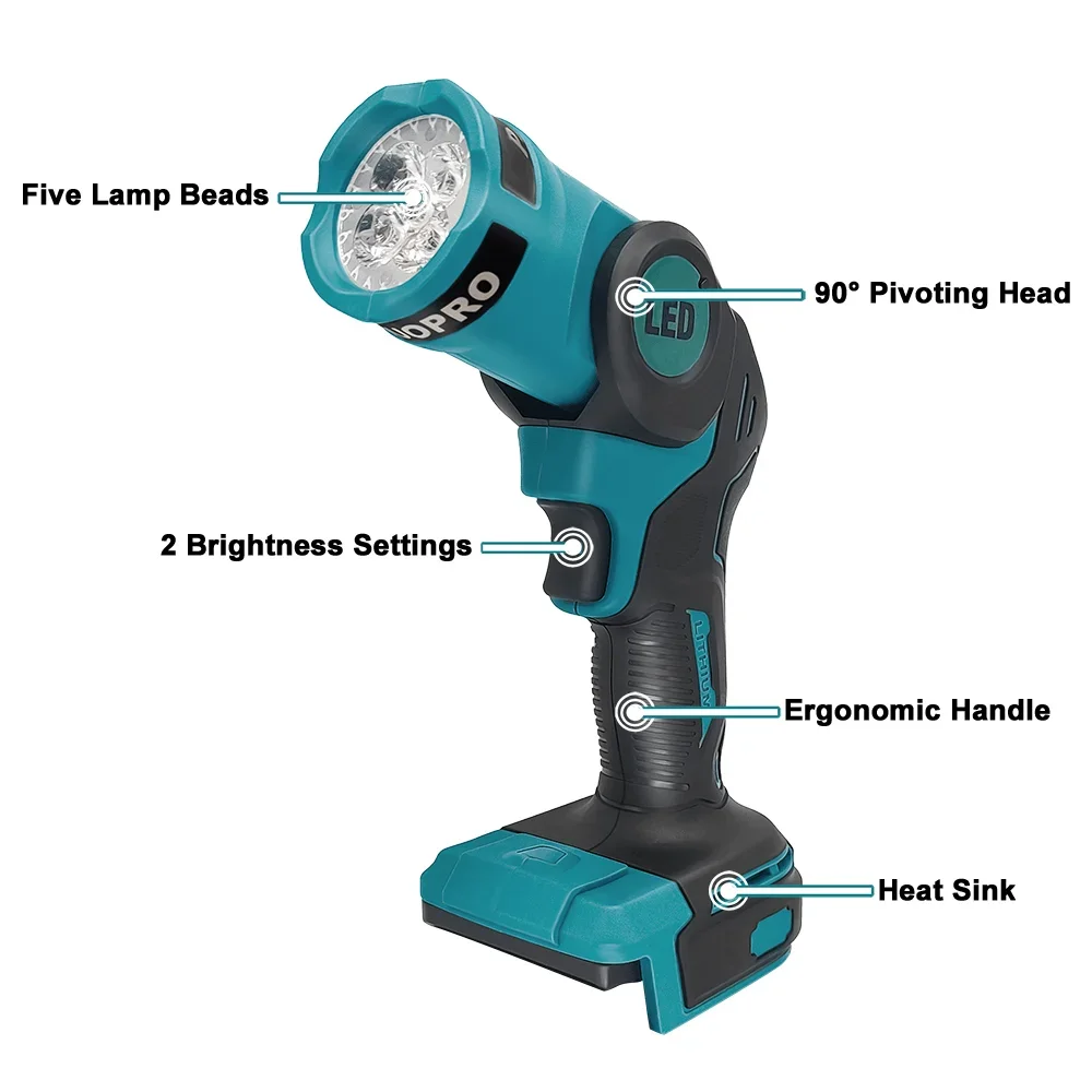 Cordless LED Light Foldable 5 Beads Spotlight Work Light Portable Lithium Battery Powered Flashlight For Makita 18V Battery led flashlight led work light