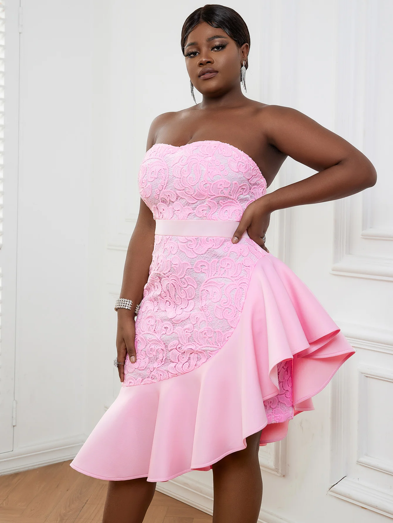 

Cute Pink Lace Dress for Women 2023 Backless Tube Top Ruffles High Waist Robes Sweetheart Formal Occasion Birthday Party Gowns